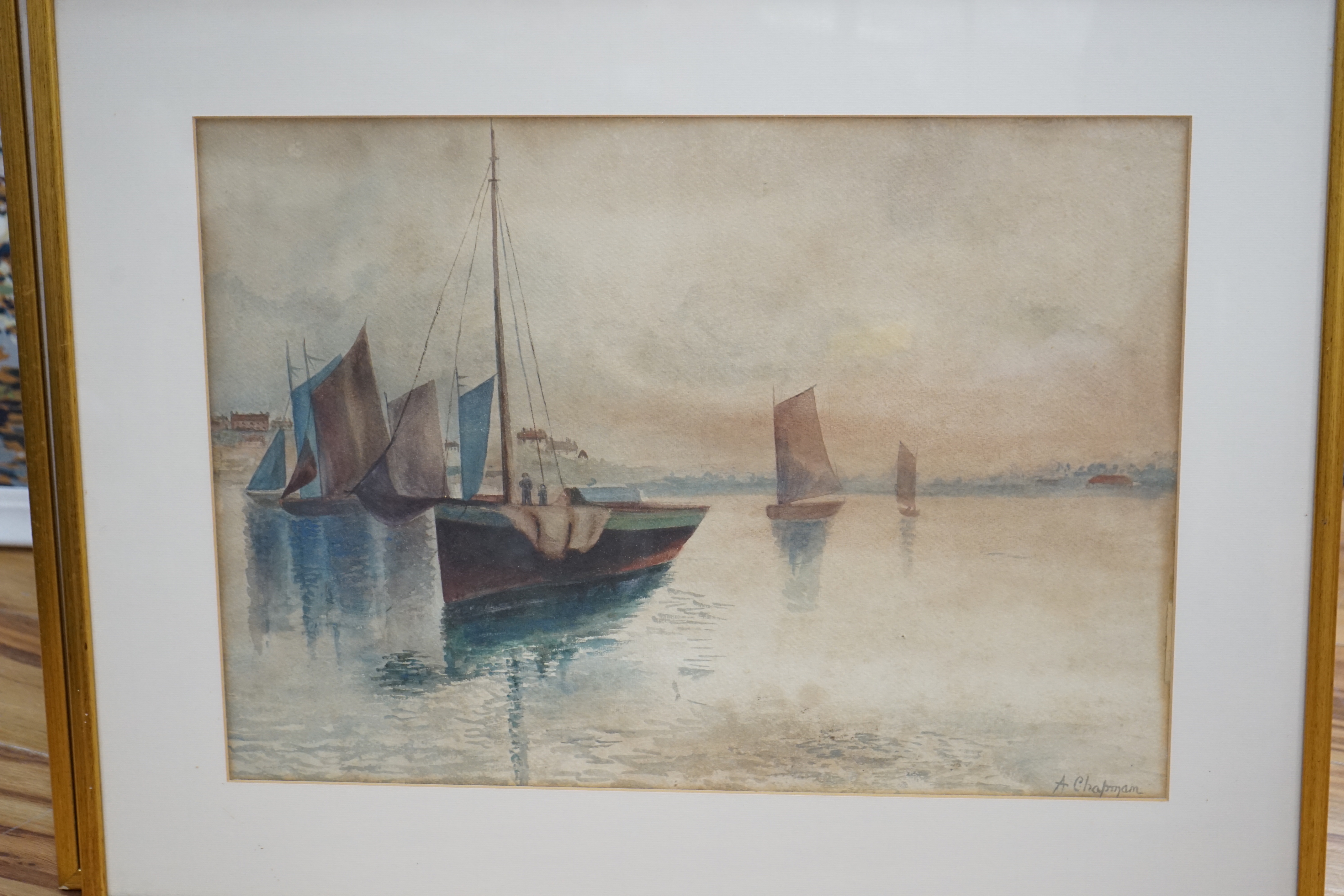 A. Chapman (20th. C) pair of watercolours, Harbour scenes with moored boats, each signed, 39 x 53cm